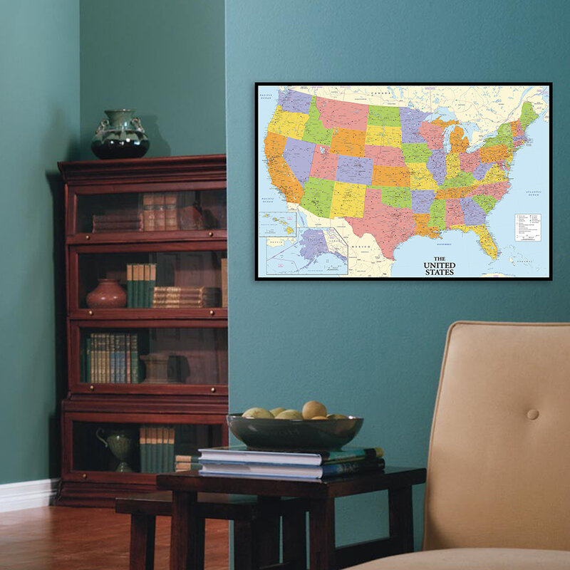 80*60cm USA mapa polityczna szczegółowe płótno malarstwo ścienne plakat artystyczny szkolne salon klasie Home Decor
