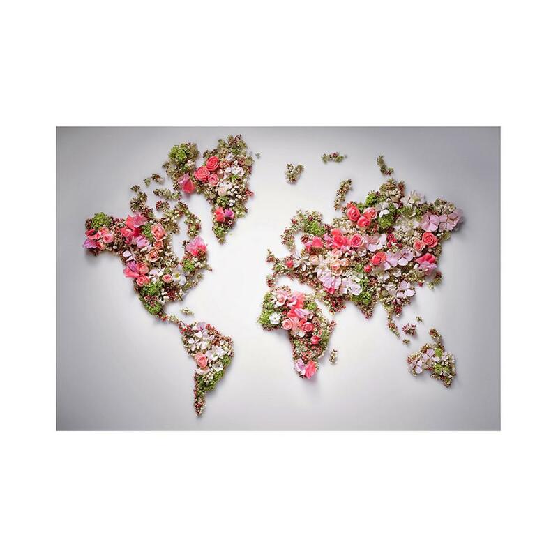 Placa não tecida do mapa do mundo DIY, padrão feito com flor bonita, cartaz da decoração da parede, 150x100cm