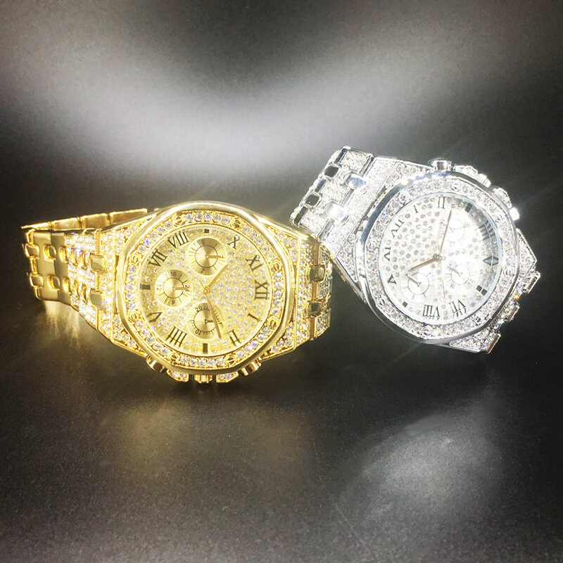 Мужские часы в стиле хип-хоп со льдом, Полностью украшенные бриллиантами, мужские кварцевые часы, мужские часы, 18 К, золотые, серебряные, модные мужские часы, водонепроницаемые Relogio
