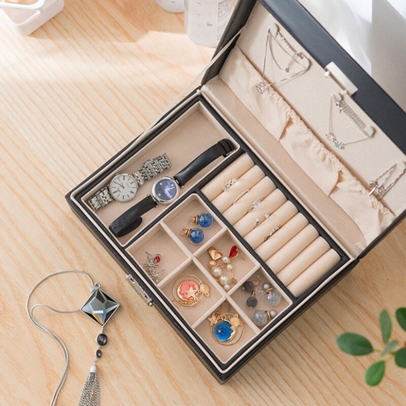 634d couro dupla camada caixa de jóias com moldura de madeira feminino cosméticos armazenamento para anéis colar brincos pulseiras