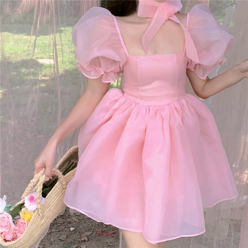 فستان نسائي وردي جميل 2021 صيفي أنيق وياقة مربعة وأكمام منتفخة فستان كوري الأورجانزا فستان أميرة صغير