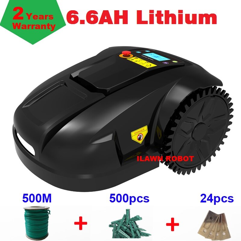 Robot Mower Grass Cutter E1800T with 6.6ah lithium battery+500m wire+500pcs pegs+24pcs blade,1800m2 working Capacity