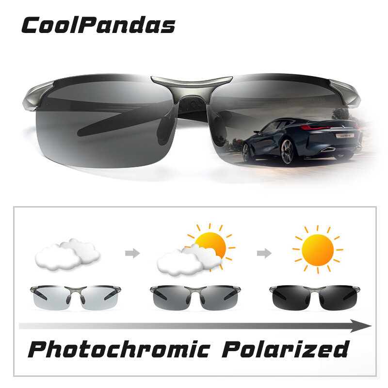 Мужские солнцезащитные очки без оправы, алюминиевые фотохромные поляризационные очки для вождения днем и ночью, антибликовые очки-хамелеон, 2023