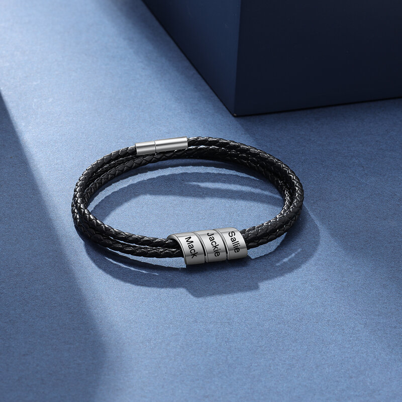 JewelOra – Bracelets en cuir noir pour hommes, 3 noms personnalisés, perles gravées, Vintage, cadeau des pères