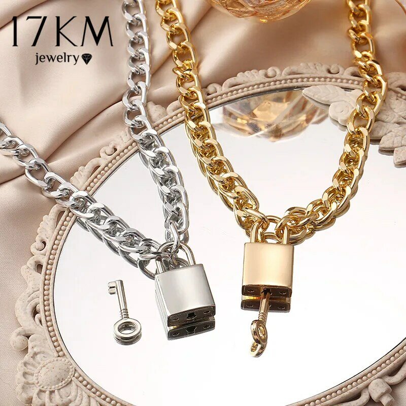 17KM Gothtic Gold Lock Chunky Chain Necklace For Women Men Big Chain Unlockable Lock Key Pendant Necklaces Exaggerated Jewelry