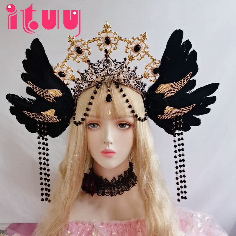 Cadena de cuentas negras, accesorios para el cabello con diseño barroco gótico, rosa, alas de Ángel, corona Retro de madrina, Halo Lolita KC