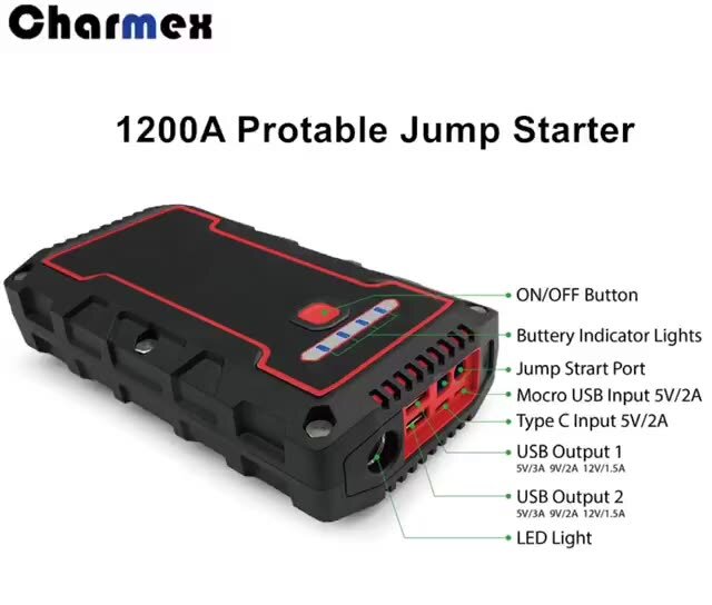 Charmex – Kit d'outils d'urgence étanche IP68 12 volts, batterie de voiture 1000A démarreur de saut, batterie Portable 16000mAh