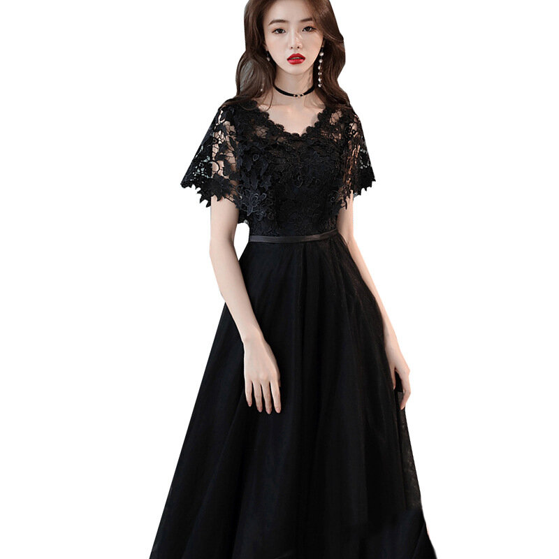 Women's Birthday Party Dress Short Sleeve V-Neck Elegant Party Gowns Floor-Length Lace Flowers Formal Evening Dresses