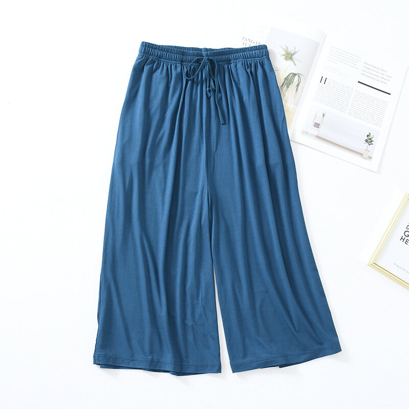 Verão estilo japonês solto calças cortadas senhoras modal calções finos cor sólida perna larga tamanho grande casa calças das mulheres bottoms