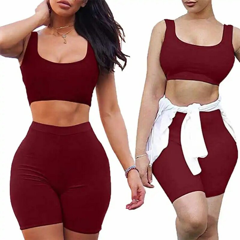 2PCS Wanita Pakaian Latihan Yg Hangat Pakaian Set Pantai Crop Top Slim Celana Pendek Celana Bodycon Kasual Pakaian Olahraga 2019 Baru