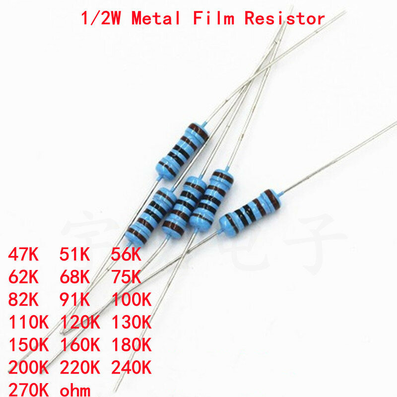 Resistor de película metálica, 50 piezas, 1/2W, 1%, 47K, 51K, 56K, 62K, 68K, 75K, 82K, 91K, 100K, 110K, 120K, 130K, 150K, 160K 200K 220K 240K 270K Ohm