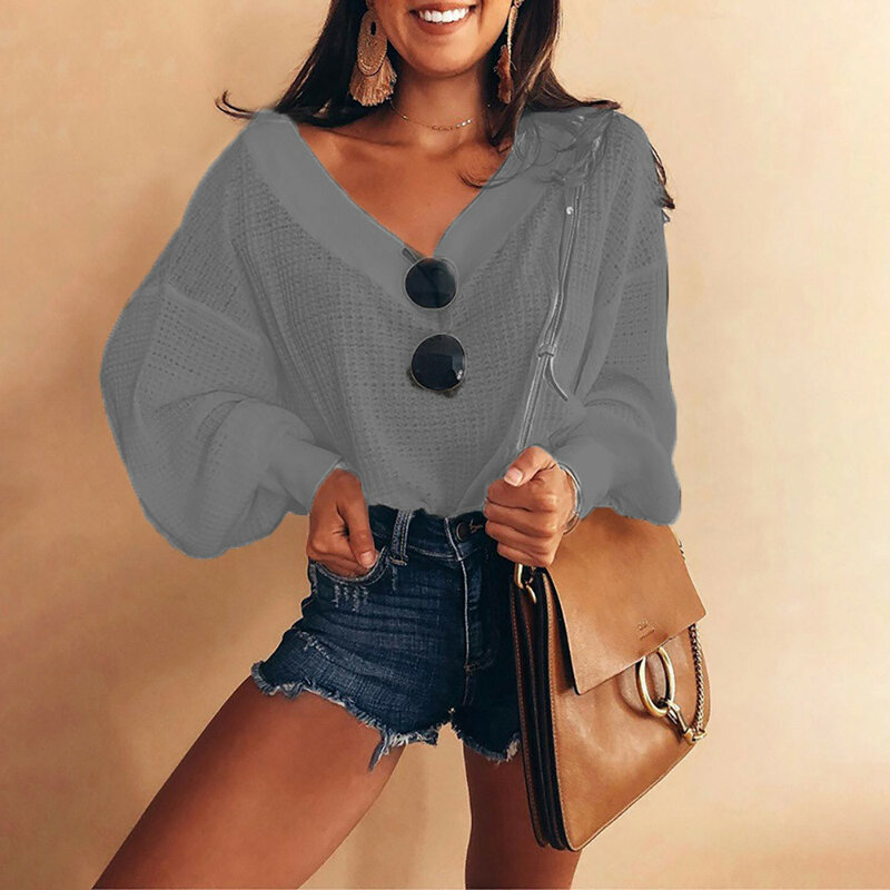 Amolapha mulher lanterna manga blusa de malha com decote em v manga comprida sólidos jumpers suéteres para mulher 1.7