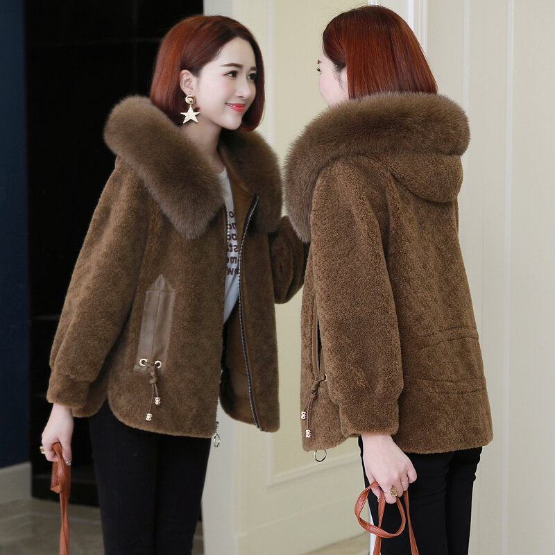 Lã feminina casaco de pele real ovelha shearing casacos feminino curto quente outono inverno jaquetas de pele de raposa com capuz roupas 2021 lwl1271
