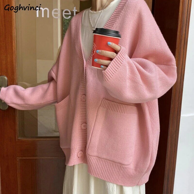 Sweter solidne damskie kieszenie rozpinane słodkie dziewczyny codzienne znosić Kawaii damski luźny, dzianinowy szykowny koreański styl cały mecz sweter