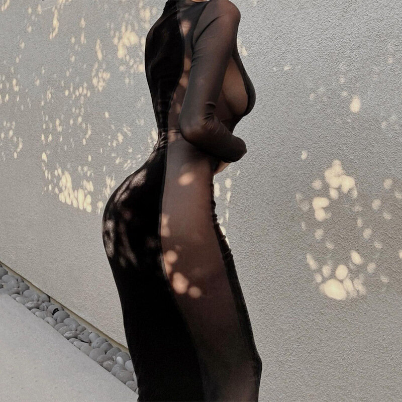 Платье SKMY для женщин, новинка сезона осень-зима 2023, модное сексуальное прозрачное Сетчатое лоскутное облегающее черное платье с длинным рукавом