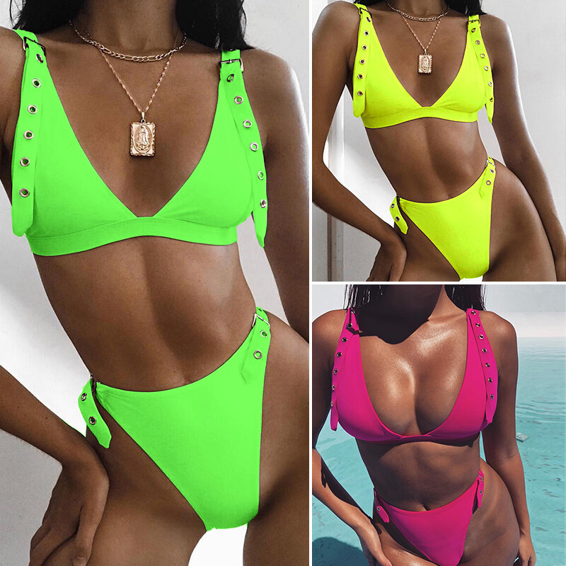 Sexy dziurka od klucza stroje kąpielowe kobiety brazylijski klamra bikini zestaw Neon żółty strój kąpielowy kobiet wysokiej cut strój kąpielowy 2019 Push up biquini