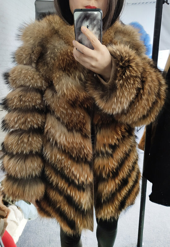 Maomaokong real guaxinim prata raposa casaco de pele plus size roupas de inverno natural feminino em torno do pescoço quente grosso novo estilo plus-tamanho