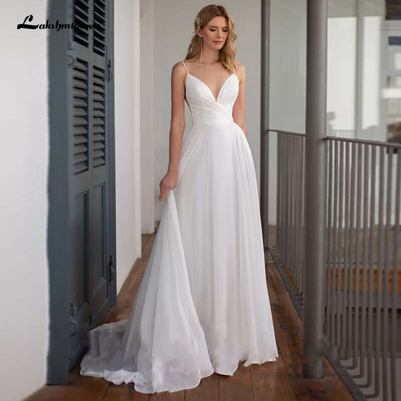 Einfache Chiffon Hochzeit Kleid 2021 Spaghetti-trägern V-ausschnitt Geraffte Mieder EINE Linie Boho Strand Hochzeit Kleider Vestido De Noiva