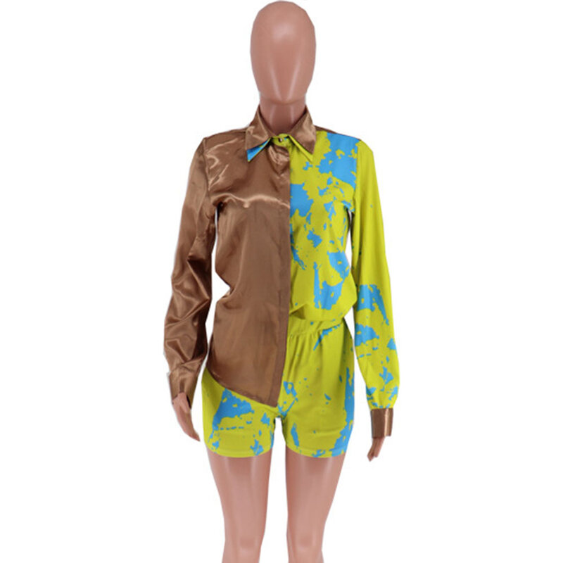 하이 스트리트 여성 의류 턴 다운 칼라 버튼 셔츠 탑과 반바지 세트, 섹시한 2 피스 의상 여성 정장용