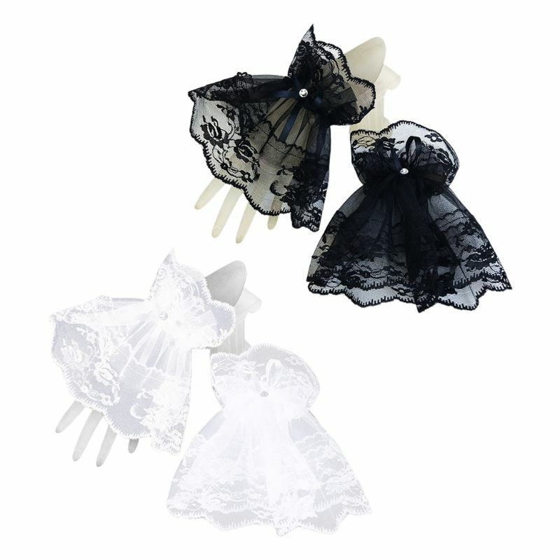 女性のための黒いレースの手首の袖口、ラインストーンの弓、指の手袋、結婚式のブレスレット
