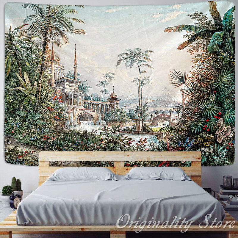 Фон для фотографирования с изображением пальмы тропических листьев цветов пляжных гобеленов животных