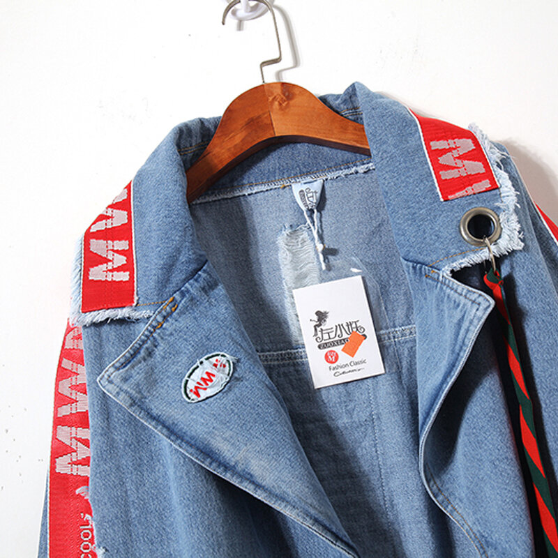 Женская джинсовая куртка, уличная одежда в стиле Харадзюку, джинсовая куртка в стиле хип-хоп с вышитыми надписями и лентами, большие размеры, 2023