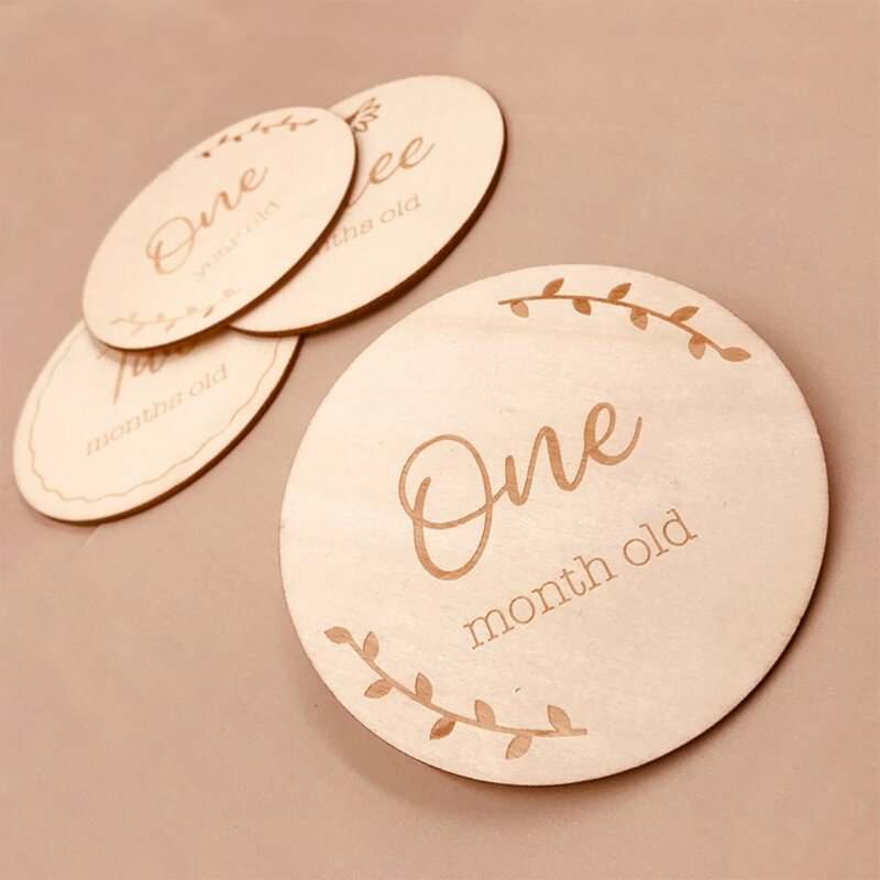 1pc Handmade Wooden Baby Milestone Cards Newborn Birth Monthly Growth Recording Cards Photography Props for 1-12 Month Baby
