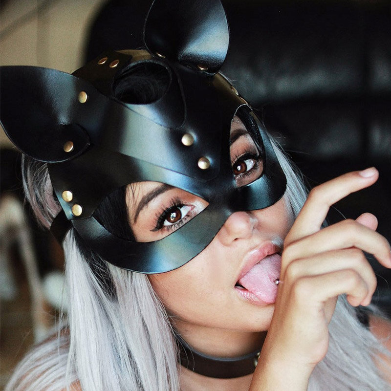 ผู้หญิงเซ็กซี่หนังหน้ากากใบหน้าครึ่งหน้ากากแฟนซีฮาโลวีนหน้ากากแมว Punk Party Cosplay Stage Performance Props
