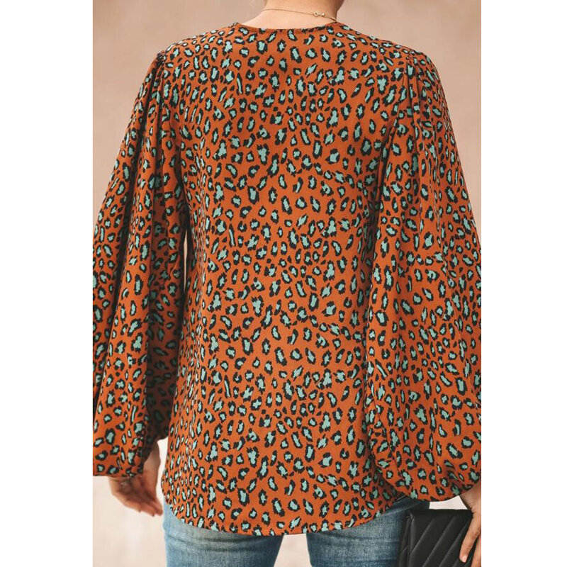 Blusa con estampado de leopardo para mujer, blusa holgada con cuello en V, manga larga linterna, talla grande, AM2258