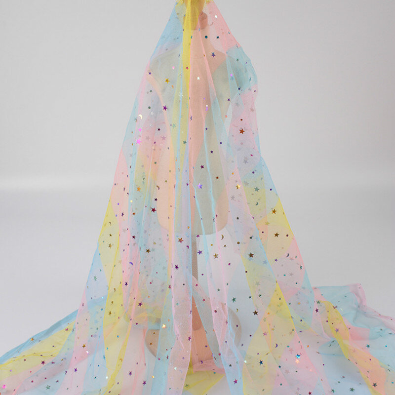 Arc-en-ciel impression maille tissu étoiles lune Laser paillettes tissu bricolage artisanat tissu vêtements fête tissu par mètre matériel