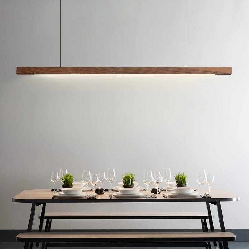 Drewniany naszyjnik światła wiszące lampy nowoczesna stołowa LED długie światło liniowe kuchnia wyspa oświetlenie do jadalni salon biuro