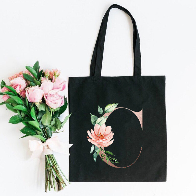 Bolso de hombro de lona con 26 letras del alfabeto, combinación de flores, tela de algodón, bolsas de compras reutilizables