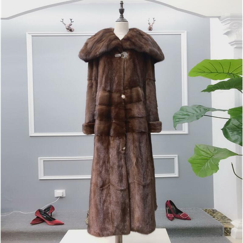 FURSARCAR 여성용 진짜 밍크 모피 코트, 전체 피부 두껍고 따뜻한 밍크 모피 재킷, 긴 스타일 럭셔리 천연 모피 코트, 2021 신상