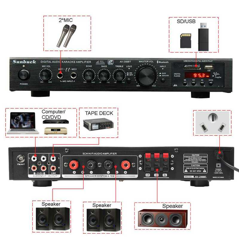 Amplificador de Potência de Áudio com Controle Remoto, 298B, Bluetooth 5.0 Canais, 2000W, 5 Canais, 220V, AV Amp Speaker, Suporte FM, USB, Cartões SD