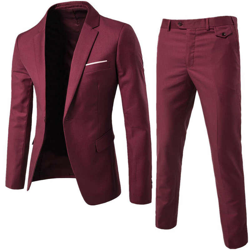 2Pcs/Set Plus Size 3XL Men Solid Color Long Sleeve Lapel Slim Button Business Suit Men Autumn Fashion Solid Slim Wedding Set