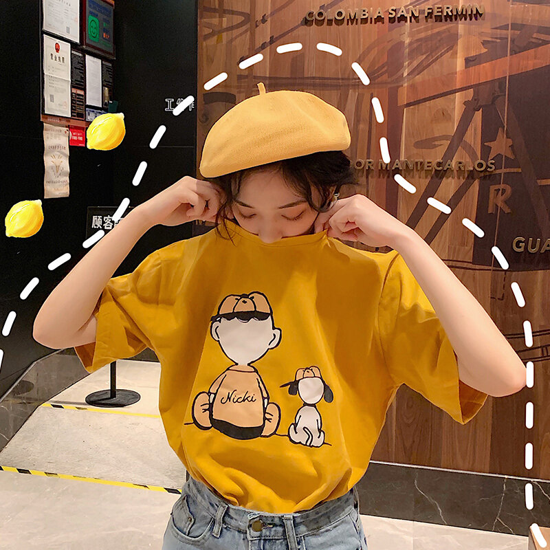 Женская футболка с принтом из мультфильма, летняя Винтажная футболка с круглым вырезом и коротким рукавом в Корейском стиле, повседневные ж...
