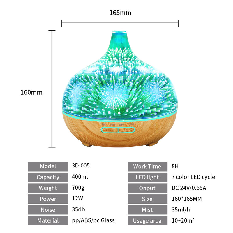PIVOKA 400ml Air Humidifier 3D Aroma Diffuser Essential Oil Aromatherapy Ultrasonic Wood Mist Maker Remote Control 7 Color  LED