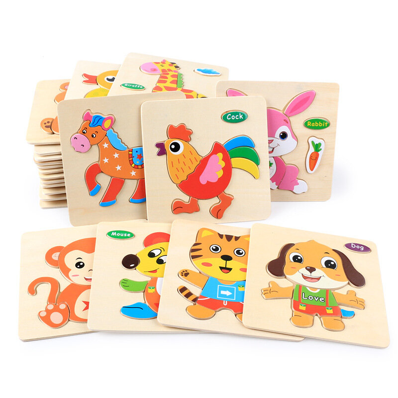 赤ちゃんのための3d木製パズル,漫画の動物のパズル,幼児のためのインテリジェンスを備えた教育玩具