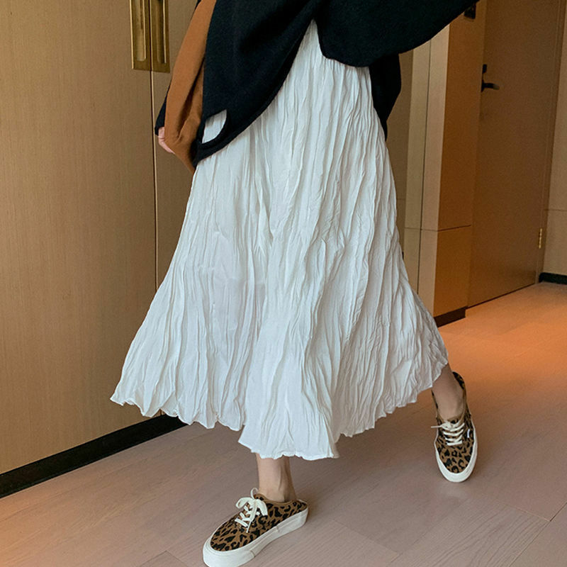 กระโปรงผู้หญิงออกแบบ Midi All-Match พับสไตล์เกาหลีสูงเอวหญิงใหม่ล่าสุดไม่สม่ำเสมอ Elegant Cozy faldas