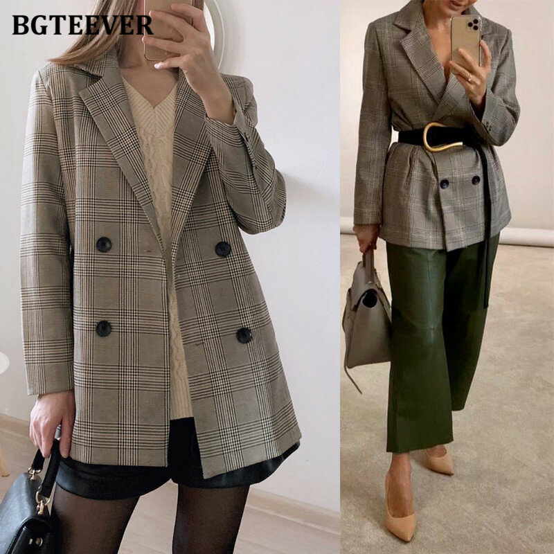 Office Ladies Notched Collar Plaid Women Blazer Double Breasted Autumn Jacket 2021 Casual Pockets Female Suits Coat