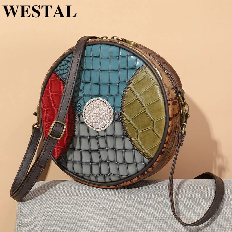 WESTAL-Mini bolsos de cuero para mujer, bolso de hombro de diseño redondo de colores mezclados, bolso cruzado pequeño de cuero genuino, monedero