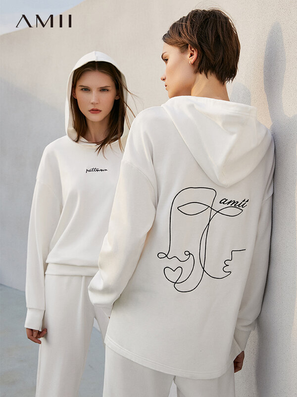 AMII Minimalism ฤดูหนาวชุดกีฬาสำหรับสตรี Streetwear Hooded เสื้อสูงเอวกางเกงหญิงสองชิ้นชุด12130372