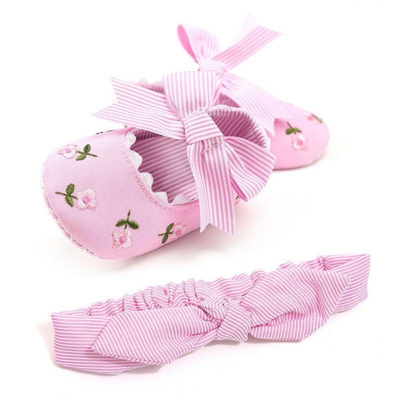 Sapatos de meninas para bebês recém-nascidas, calçados da moda para caminhantes com laço estampado, cabelo listrado para meninas