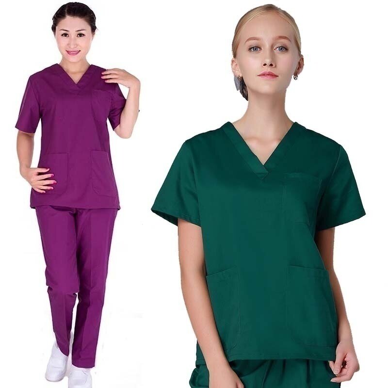 Moda feminina scrub conjunto de enfermagem scrubs decote em v superior com ventilação lateral e cintura elástica calças uniformes médicos algodão cirurgia