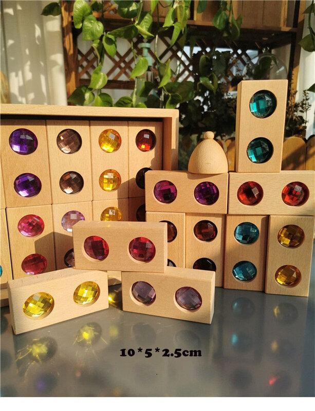 Grands blocs de construction à empiler pour enfants, jouets en bois, Double pierres précieuses scintillantes, gemmes en cristal