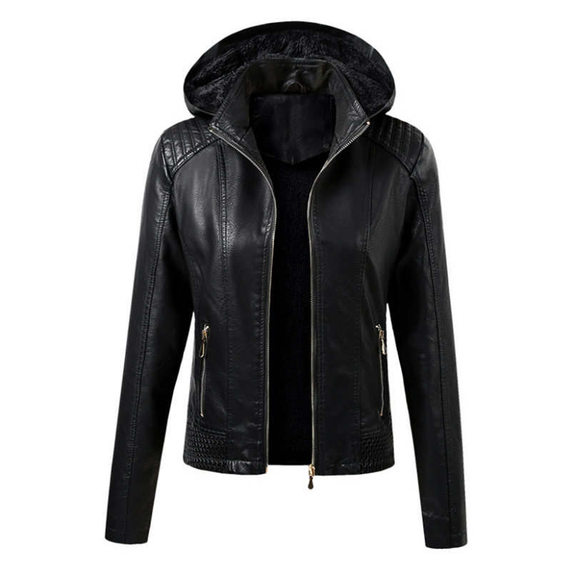Women's PU Leather Coat, Hooded Collar, Velvet, Short, Keep Warm, Fashion, Autumn, Winter, S-XL, New Arrival