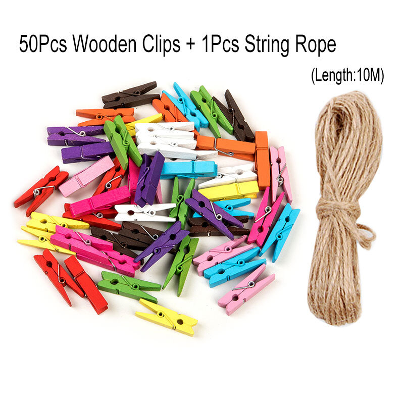 Mini clipe de madeira colorido para foto, 50 tamanhos 35mm braçadeira fotográfica artesanato decoração de escritório cartão de memo clipes de papel com corda de 10m