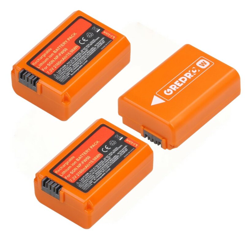 Orange NP-FW50 NP FW50 Batterie (2160mAh) für Sony Alpha a6500 a6300 a6000 a5000 a3000 NEX-3 A7 A7M2 A7R 7SM2 7M2 A33 A35 A37 A55
