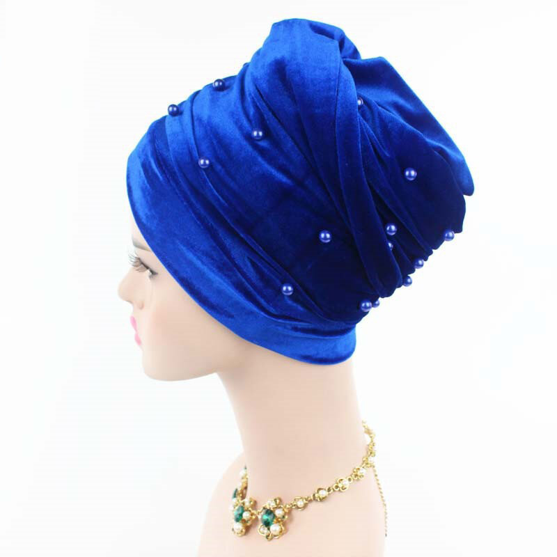 Pearls Beading Headscarf for Women Soft Velvet Turban Cap Ready to Wear Hijab Scarf Mulim Head Wraps African Hat
