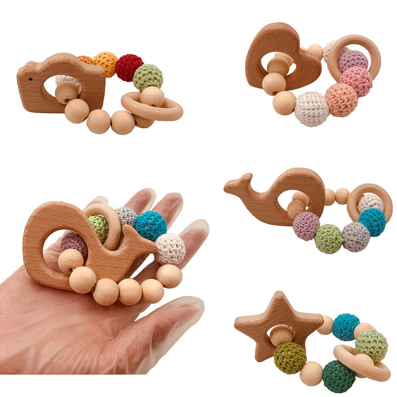 Bracelet en bois pour bébé, jouet molaire fait à la main, Crochet en fil, perles d'animaux, perles de dentition, 13-24m